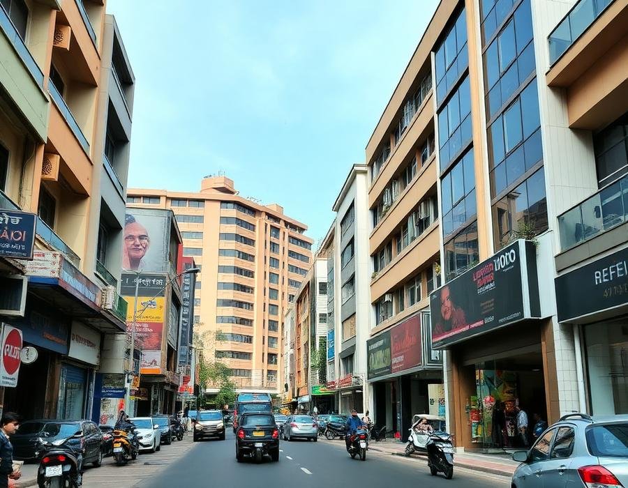 Ludhiana city street with shops and buildings